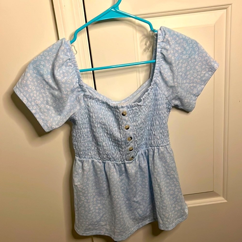 Blue and white off shoulder top from no boundaries size small